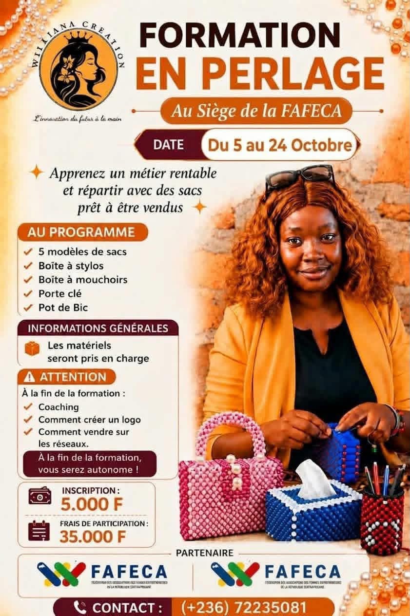 Formation en perlage à Bangui : apprendre un métier rentable avec Wildiana Création